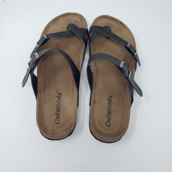 Outwoods 2-Strap Black Strappy Buckled Flat Slip-On Sandals Women's Size 9 - Picture 6 of 8